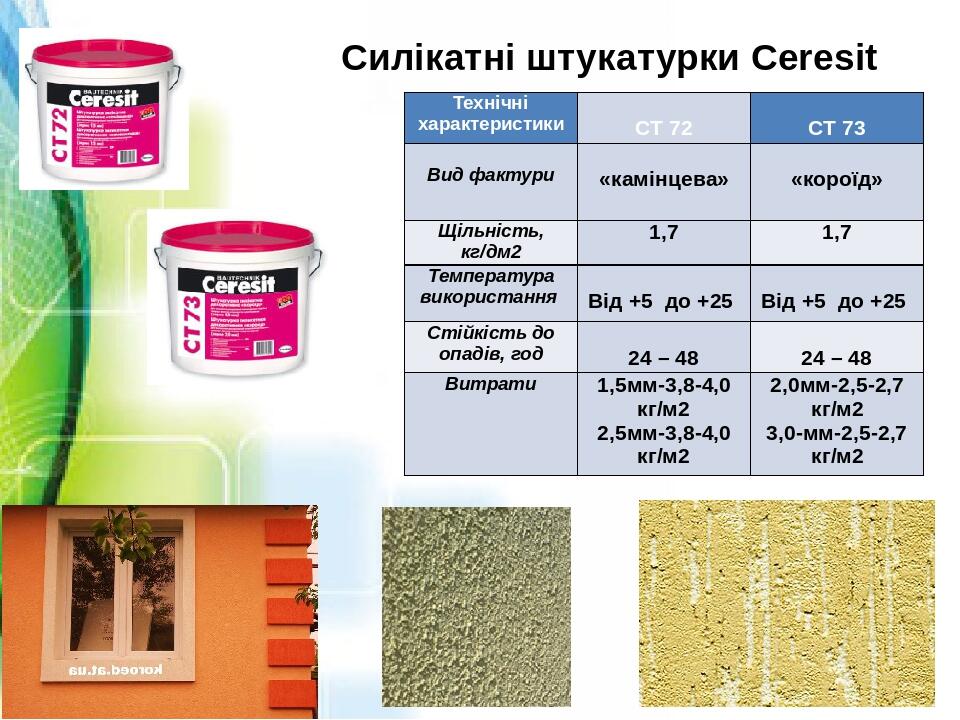 Силікатні штукатурки Ceresit Технічніхарактеристики   СТ 72   СТ 73   Вид фактури   «камінцева»   «короїд»   Щільність, кг/дм2 1,7 1,7 Температура ...