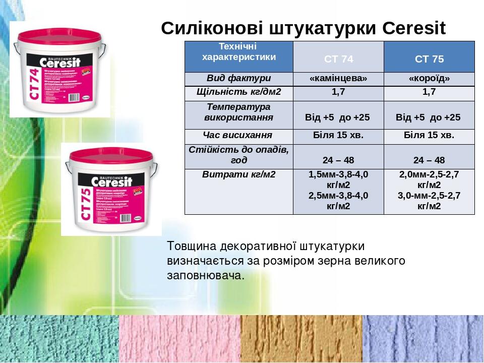 Силіконові штукатурки Ceresit Товщина декоративної штукатурки визначається за розміром зерна великого заповнювача. Технічні характеристики   СТ 74 ...