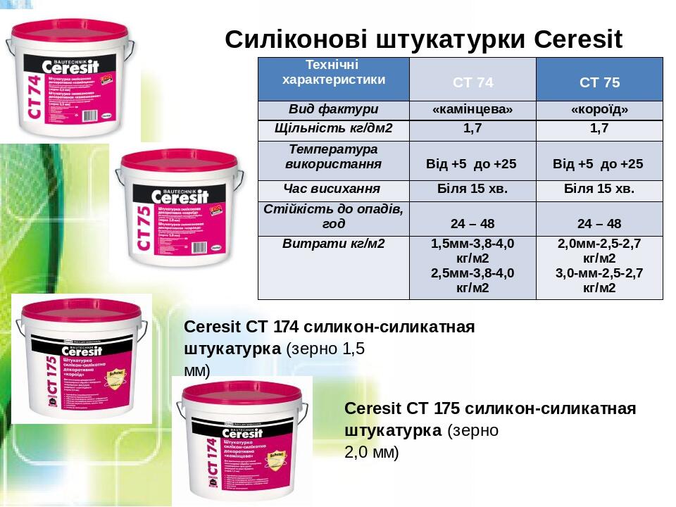 Силіконові штукатурки Ceresit Ceresit CT 174 силикон-силикатная штукатурка (зерно 1,5 мм) Ceresit CT 175 силикон-силикатная штукатурка (зерно 2,0 м...