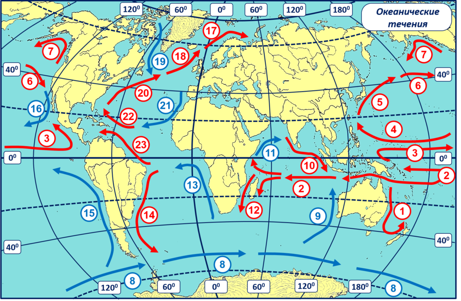 Карта океанических течений мирового океана. Какими цифрами на карте обозначены течения:. Карта течений мирового океана. Тёплые и холодные течения на карте мирового океана. Теплые и холодные течения мирового океана.