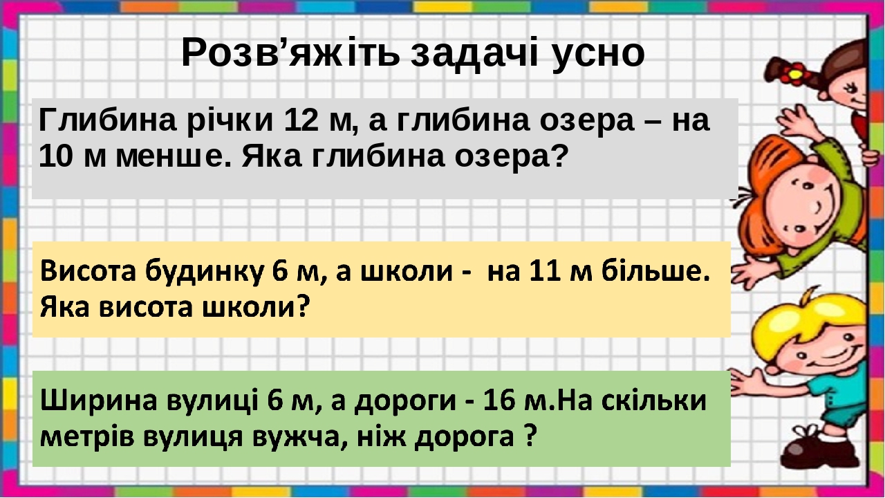 Розв’яжіть задачі усно Глибина річки 12 м, а глибина озера – на 10 м менше. Яка глибина озера?