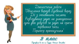 Діагностична робота "Обчислення виразів. Буквений вираз. Дії з іменованими числами. Розв'язування задач на знаходження суми двох добутків та задач на кратне порівняння чисел. Периметр прямокутника"