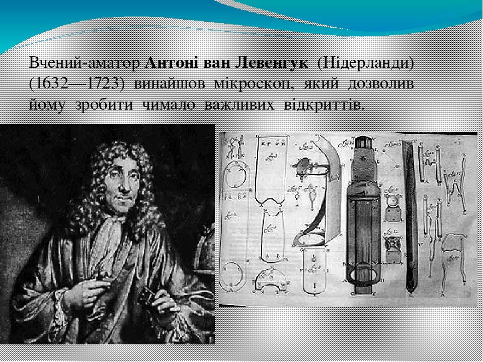Вчений-аматор Антоні ван Левенгук  (Нідерланди)  (1632—1723)  винайшов  мікроскоп,  який  дозволив  йому  зробити  чимало  важливих  відкриттів. 