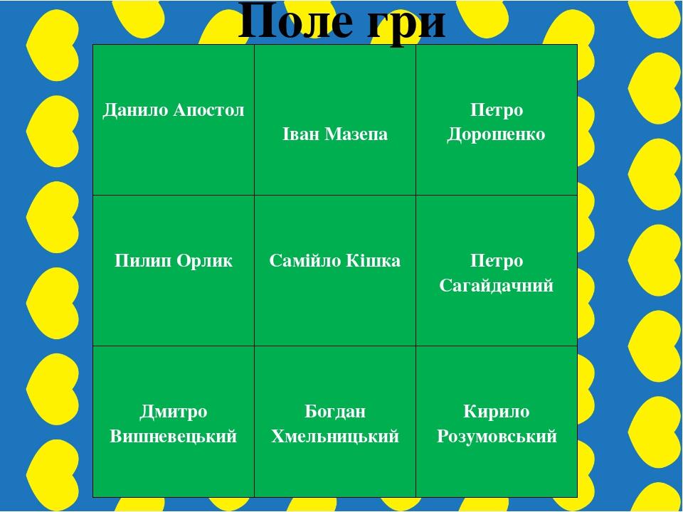 Поле гри Данило Апостол Іван Мазепа Петро Дорошенко Пилип Орлик Самійло Кішка Петро Сагайдачний Дмитро Вишневецький Богдан Хмельницький Кирило Розу...