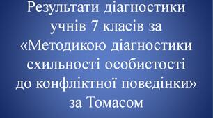 Виступ на педагогічній раді "Результати діагностики учнів 7 класів за"Методикою діагностики схильності особистості до конфліктної поведінки" за Томасом" (презентація)