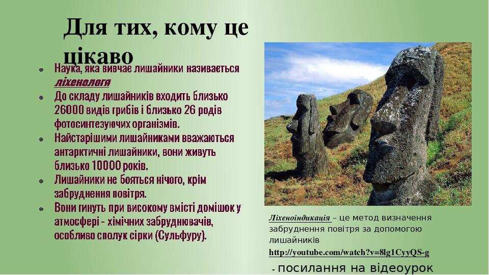 Для тих, кому це цікаво Ліхеноіндикація – це метод визначення забруднення повітря за допомогою лишайників http://youtube.com/watch?v=8lg1CyyQS-g - ...