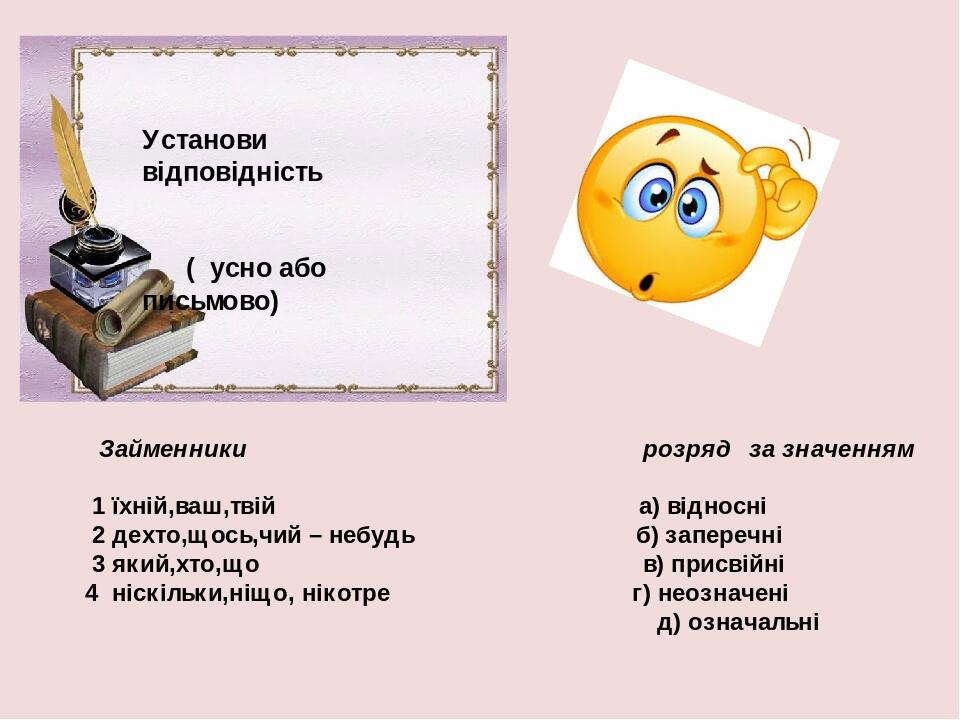 Установи відповідність ( усно або письмово) Займенники розряд за значенням 1 їхній,ваш,твій а) відносні 2 дехто,щось,чий – небудь б) заперечні 3 як...