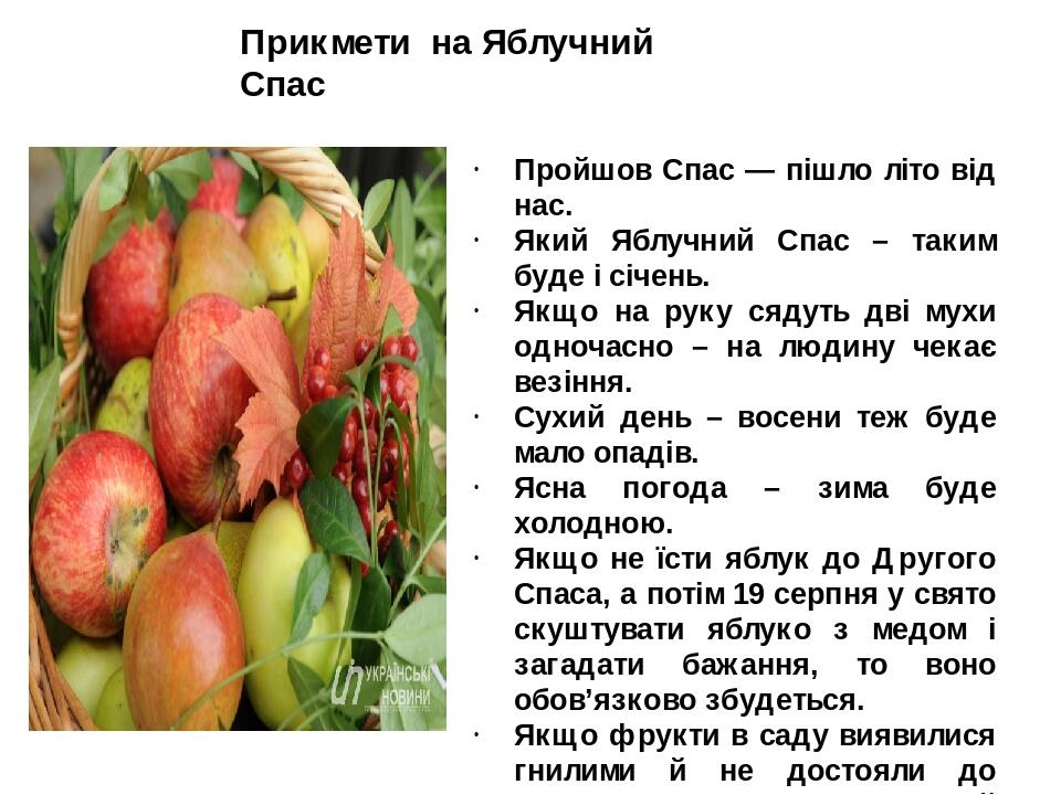 Пройшов Спас — пішло літо від нас. Який Яблучний Спас – таким буде і січень. Якщо на руку сядуть дві мухи одночасно – на людину чекає везіння. Сухи...