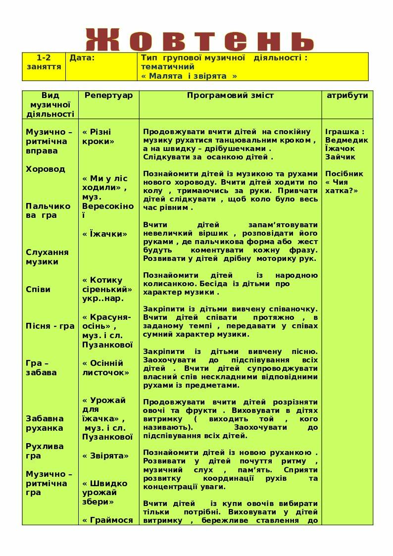 Календарний план молодша група