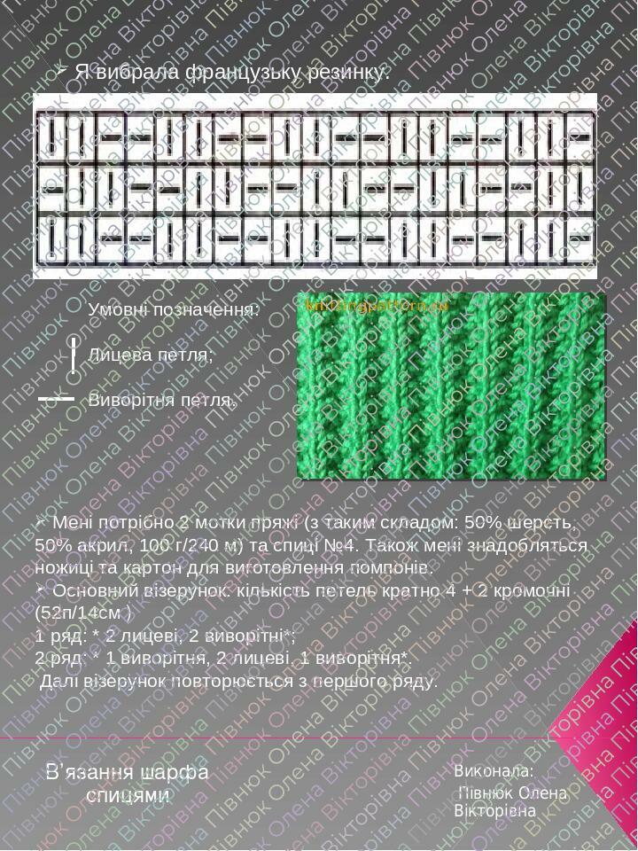 В’язання шарфа спицями Виконала: Півнюк Олена Вікторівна Умовні позначення: Лицева петля; Виворітня петля. Я вибрала французьку резинку. Мені потрі...