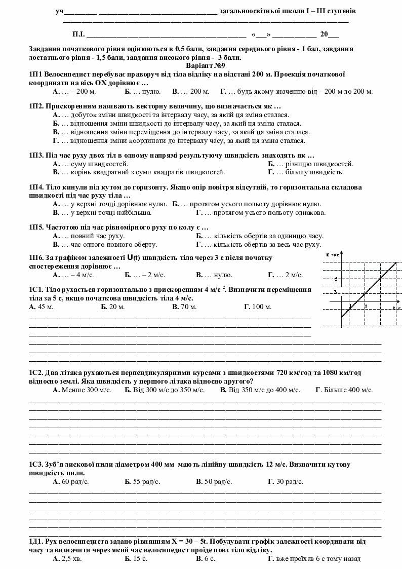 Контрольна робота з физике №1 Кінематика 10 клас | Інші методичні ...