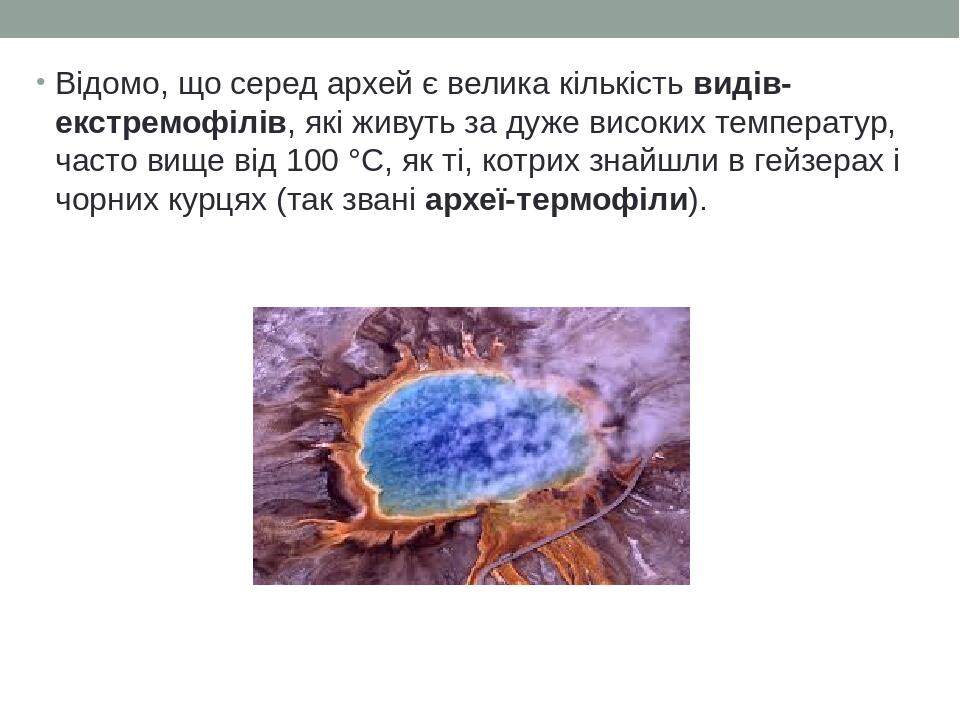 Відомо, що серед архей є велика кількість видів-екстремофілів, які живуть за дуже високих температур, часто вище від 100 °С, як ті, котрих знайшли ...