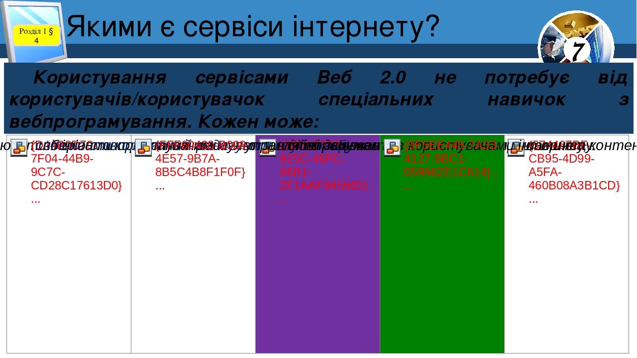 Якими є сервіси інтернету? Розділ 1 § 4 Користування сервісами Веб 2.0 не потребує від користувачів/користувачок спеціальних навичок з вебпрограмув...