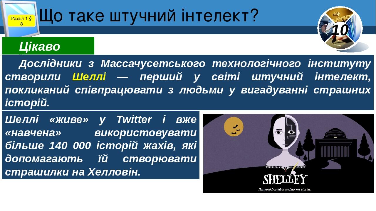 Що таке штучний інтелект? Розділ 1 § 8 Дослідники з Массачусетського технологічного інституту створили Шеллі — перший у світі штучний інтелект, пок...