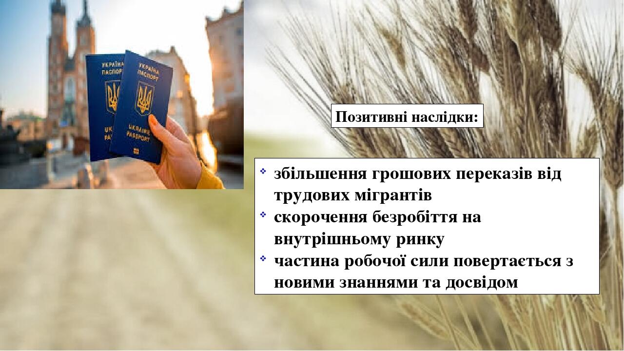 збільшення грошових переказів від трудових мігрантів скорочення безробіття на внутрішньому ринку частина робочої сили повертається з новими знанням...