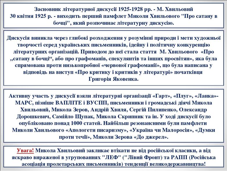 Засновник літературної дискусії 1925-1928 рр. - М. Хвильовий 30 квітня 1925 р. - виходить перший памфлет Миколи Хвильового "Про сатану в бочці", як...