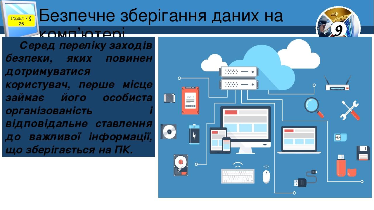 Безпечне зберігання даних на комп’ютері Розділ 7 § 26 Серед переліку заходів безпеки, яких повинен дотримуватися користувач, перше місце займає йог...