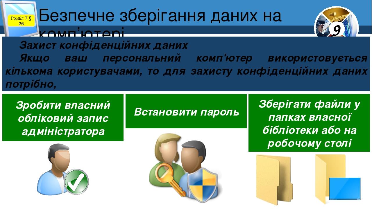 Безпечне зберігання даних на комп’ютері Розділ 7 § 26 Захист конфіденційних даних Якщо ваш персональний комп'ютер використовується кількома користу...