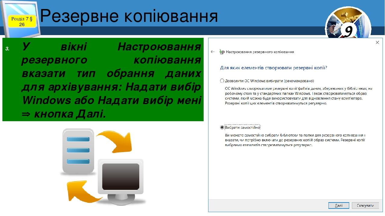 Резервне копіювання Розділ 7 § 26 У вікні Настроювання резервного копіювання вказати тип обрання даних для архівування: Надати вибір Windows або На...