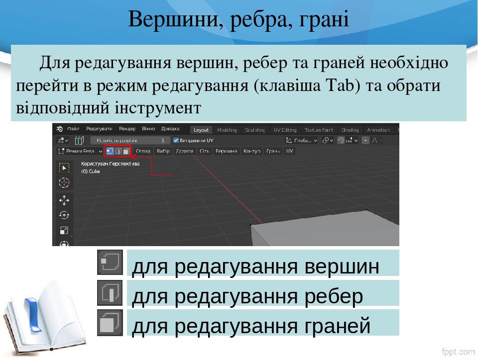 Вершини, ребра, грані Для редагування вершин, ребер та граней необхідно перейти в режим редагування (клавіша Tab) та обрати відповідний інструмент ...