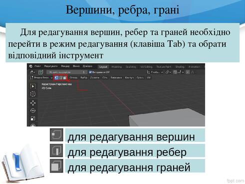 Вершини, ребра, грані Для редагування вершин, ребер та граней необхідно перейти в режим редагування (клавіша Tab) та обрати відповідний інструмент ... Вершини, ребра, грані Для редагування вершин, ребер та граней необхідно перейти в режим редагування (клавіша Tab) та обрати відповідний інструмент ...