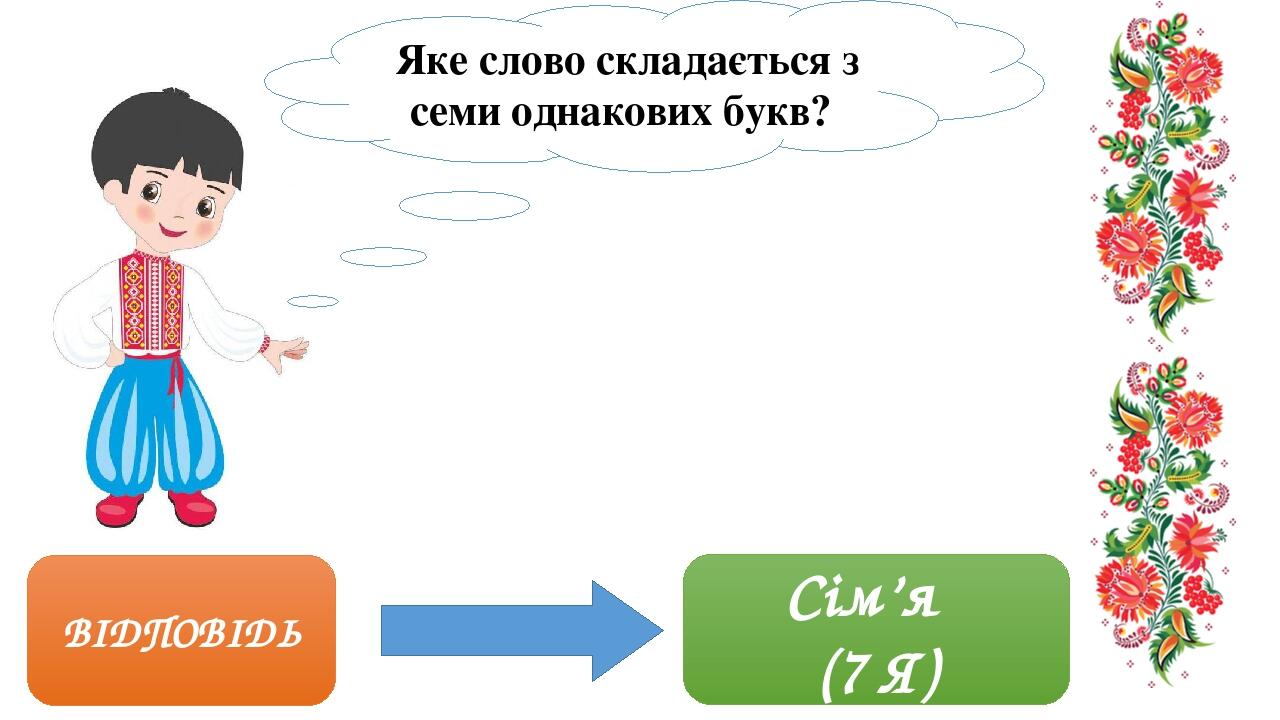 ВІДПОВІДЬ Сім’я (7 Я) Яке слово складається з семи однакових букв? 