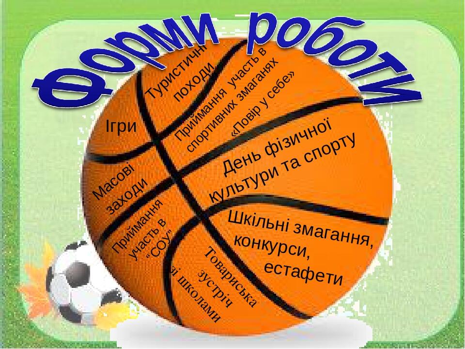 Приймання участь в “СОУ” День фізичної культури та спорту Приймання участь в спортивних змаганях «Повір у себе» Шкільні змагання, конкурси, естафет...