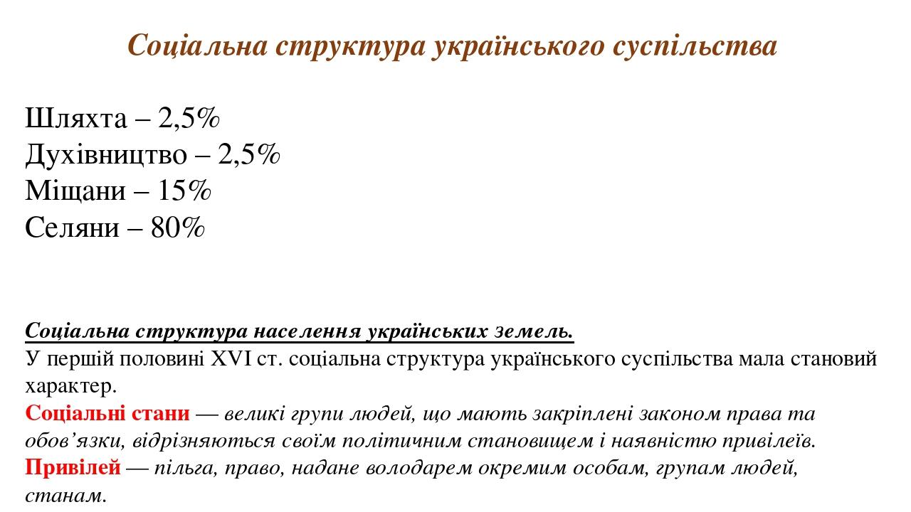 Соціальна структура українського суспільства Шляхта – 2,5% Духівництво – 2,5% Міщани – 15% Селяни – 80% Соціальна структура населення українських з...