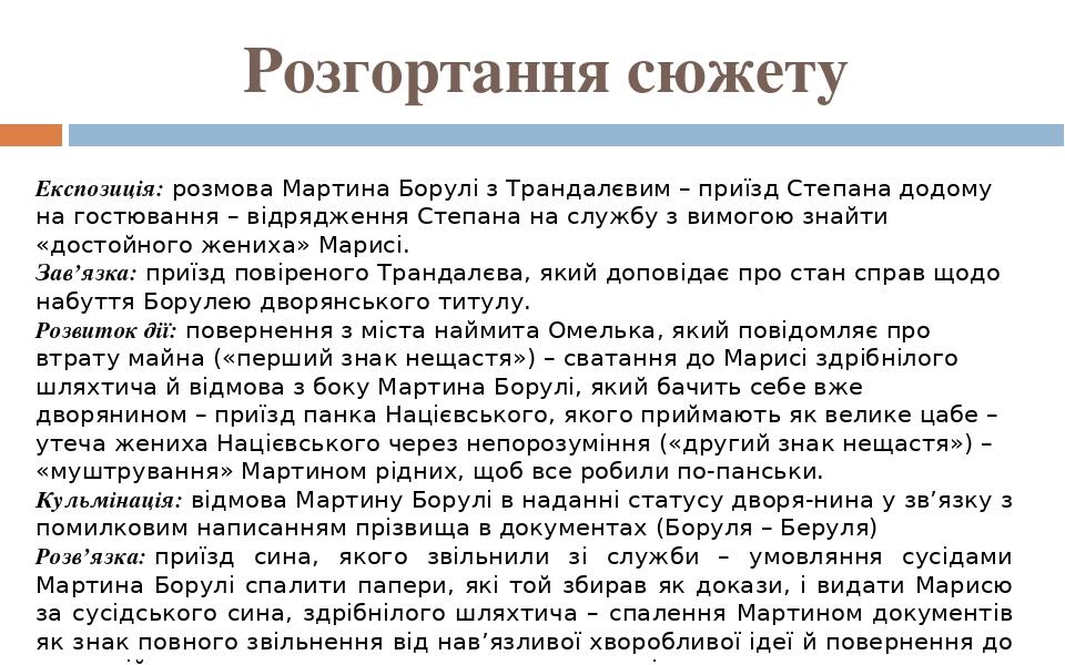 Розгортання сюжету Експозиція: розмова Мартина Борулі з Трандалєвим – приїзд Степана додому на гостювання – відрядження Степана на службу з вимогою...