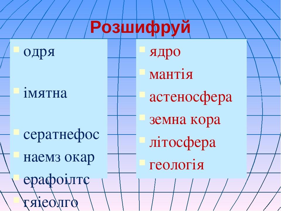 Розшифруй одря імятна сератнефос наемз окар ерафоілтс гяіеолго ядро мантія астеносфера земна кора літосфера геологія