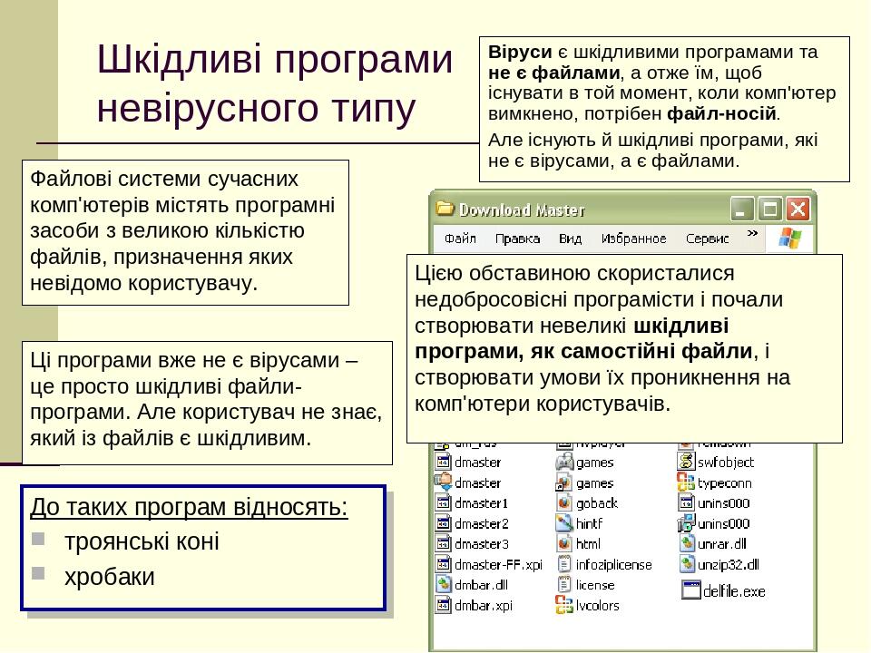 Шкідливі програми невірусного типу Віруси є шкідливими програмами та не є файлами, а отже їм, щоб існувати в той момент, коли комп'ютер вимкнено, п...