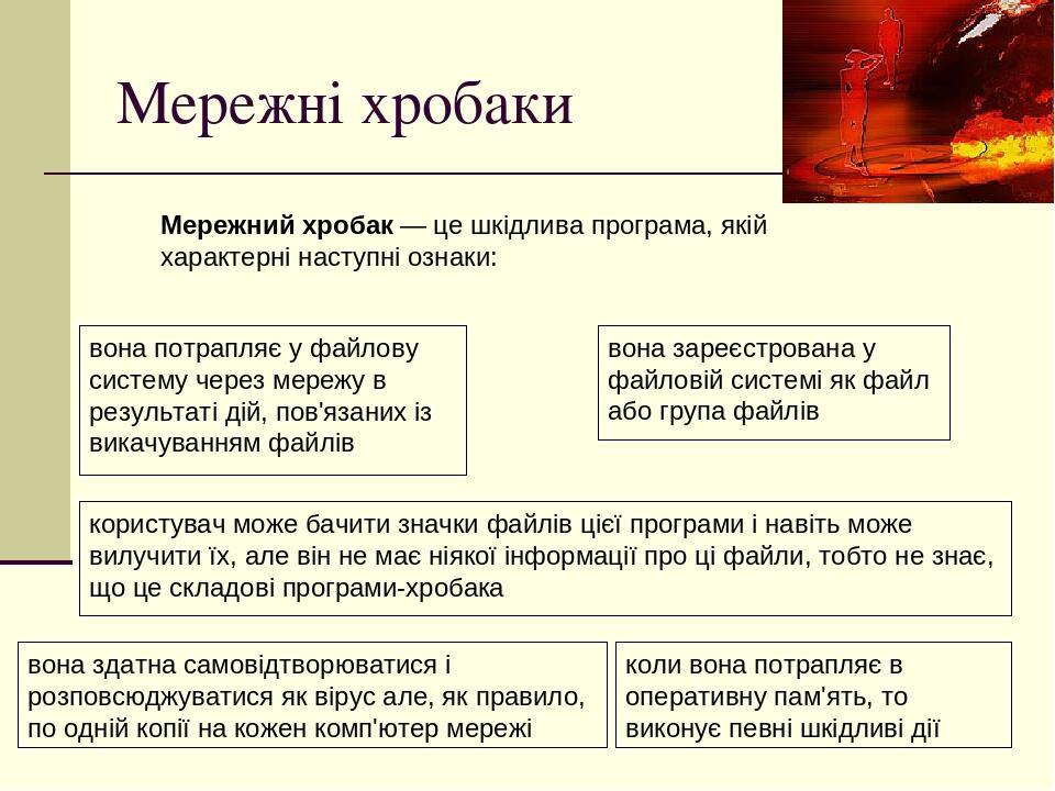 Мережні хробаки Мережний хробак — це шкідлива програма, якій характерні наступні ознаки: коли вона потрапляє в оперативну пам'ять, то виконує певні...