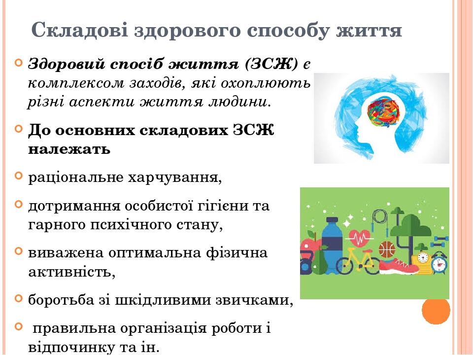 Складові здорового способу життя Здоровий спосіб життя (ЗСЖ) є комплексом заходів, які охоплюють різні аспекти життя людини. До основних складових ...