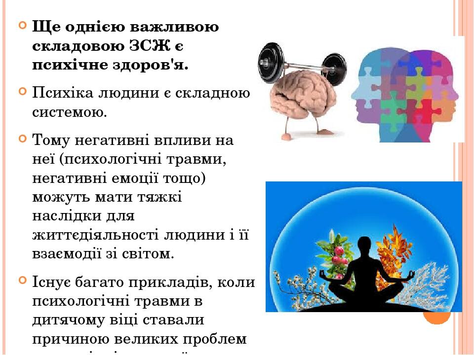 Ще однією важливою складовою ЗСЖ є психічне здоров'я. Психіка людини є складною системою. Тому негативні впливи на неї (психологічні травми, негати...