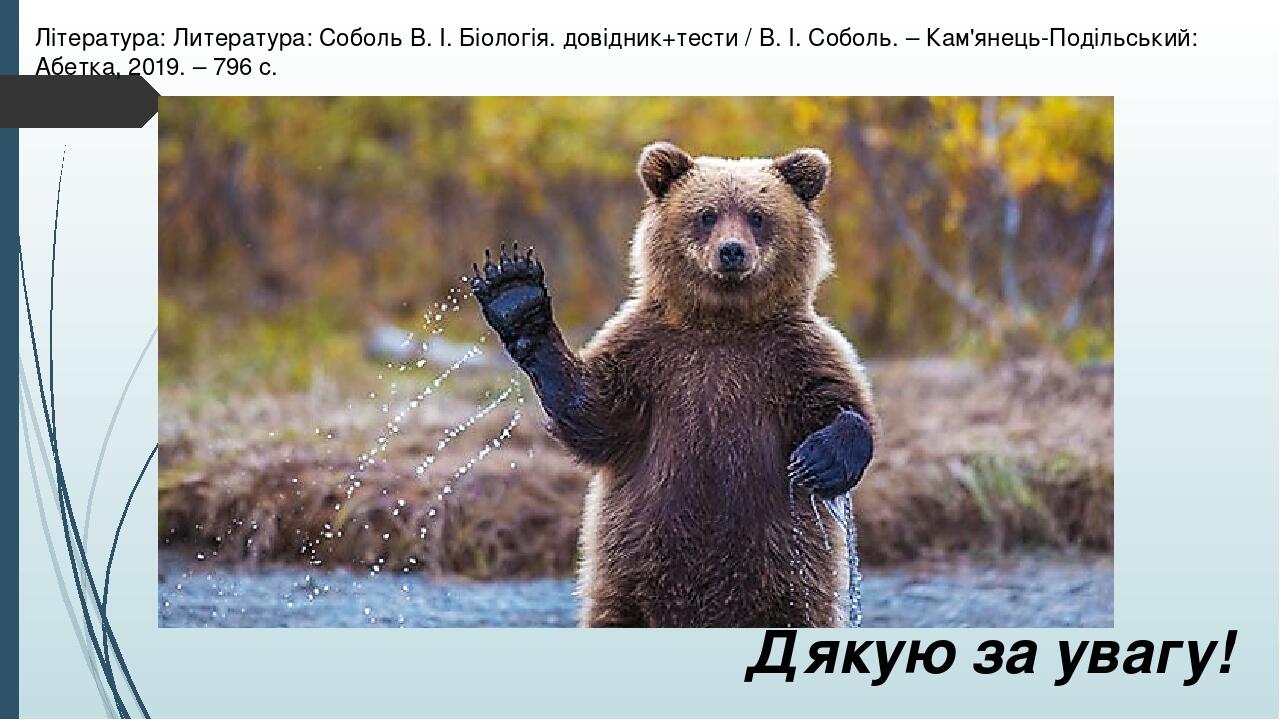 Література: Литература: Соболь В. І. Біологія. довідник+тести / В. І. Соболь. – Кам'янець-Подільський: Абетка, 2019. – 796 с. Дякую за увагу!