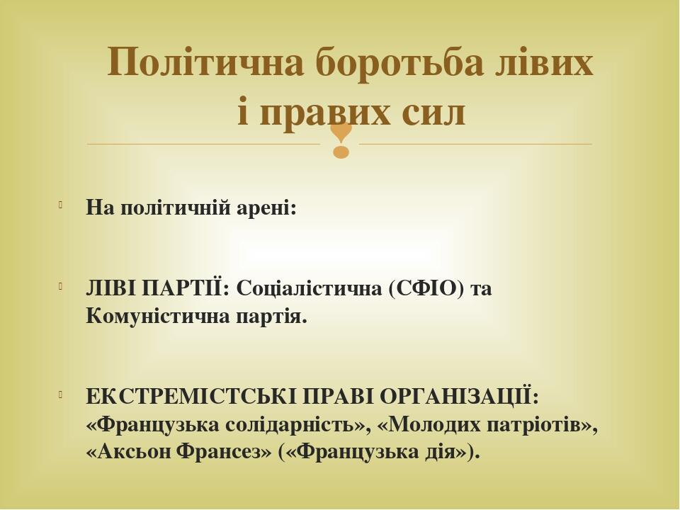 На політичній арені: ЛІВІ ПАРТІЇ: Соціалістична (СФІО) та Комуністична партія. ЕКСТРЕМІСТСЬКІ ПРАВІ ОРГАНІЗАЦІЇ: «Французька солідарність», «Молоди...