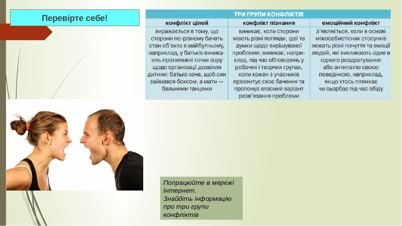 Перевірте себе! Попрацюйте в мережі Інтернет. Знайдіть інформацію про три групи конфліктів