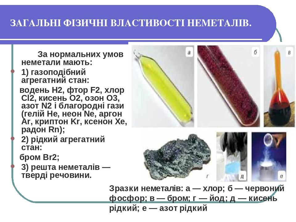 ЗАГАЛЬНІ ФІЗИЧНІ ВЛАСТИВОСТІ НЕМЕТАЛІВ. За нормальних умов неметали мають: 1) газоподібний агрегатний стан: водень Н2, фтор F2, хлор Cl2, кисень O2...