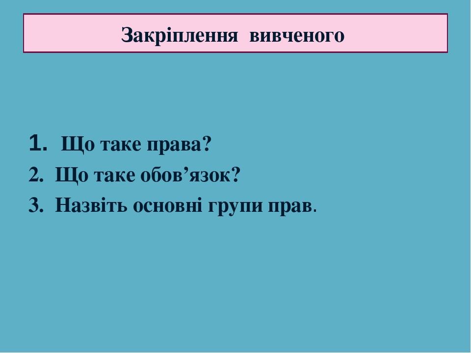 1. Що таке права? 2. Що таке обов’язок? 3. Назвіть основні групи прав. Закріплення вивченого