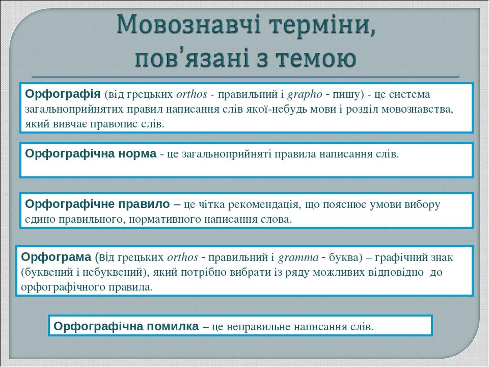 Орфографія (від грецьких orthos - правильний і grapho - пишу) - це система загальноприйнятих правил написання слів якої-небудь мови і розділ мовозн...