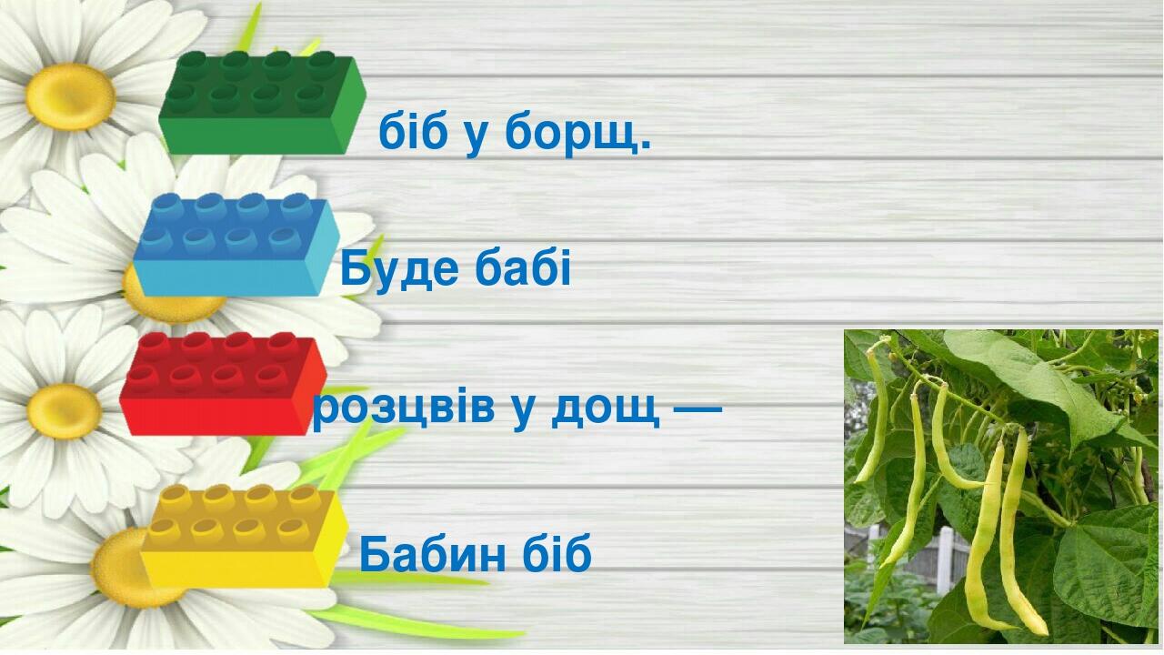 Бабин біб розцвів у дощ — Буде бабі біб у борщ.