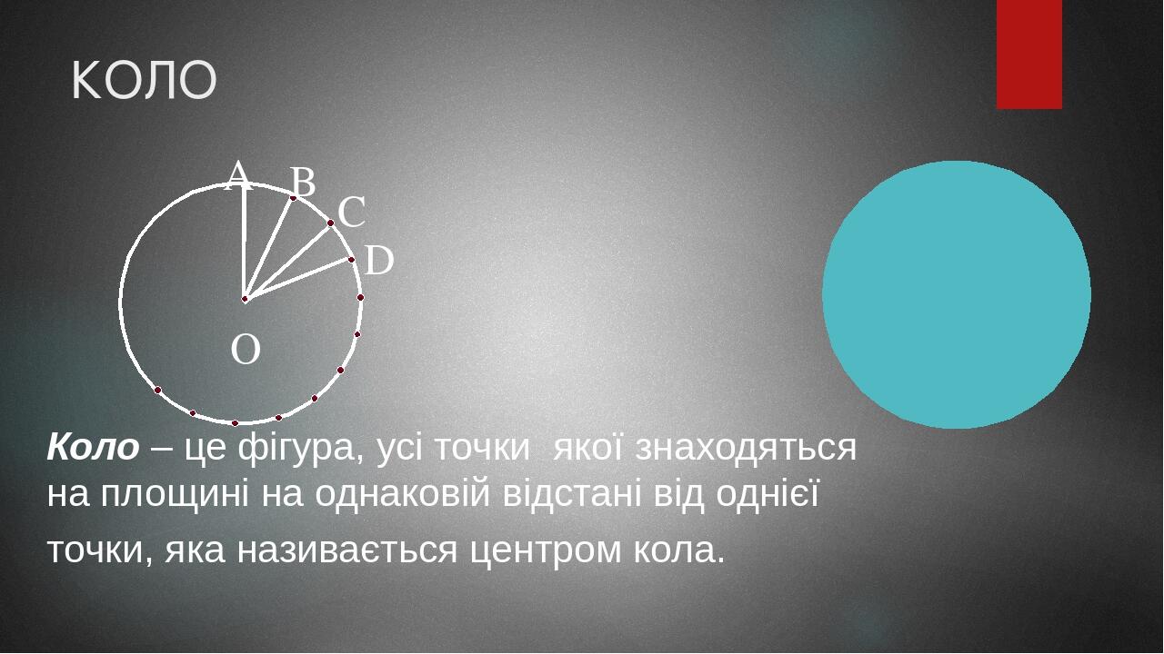 КОЛО A B C D O Коло – це фігура, усі точки якої знаходяться на площині на однаковій відстані від однієї точки, яка називається центром кола.