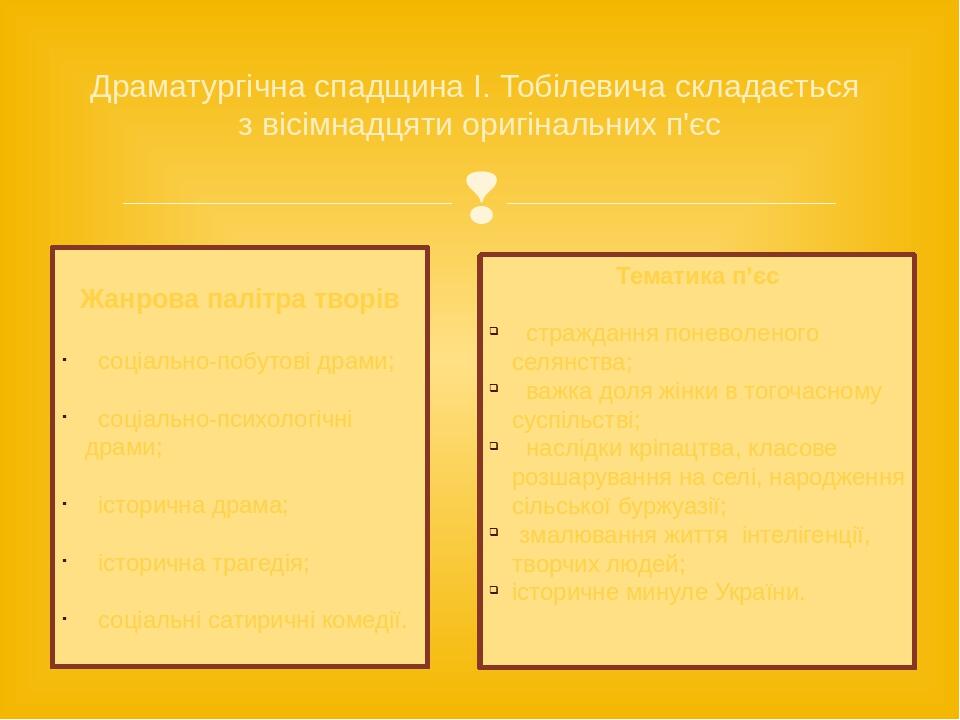 Драматургічна спадщина І. Тобілевича складається з вісімнадцяти оригінальних п'єс Жанрова палітра творів соціально-побутові драми; соціально-психол...