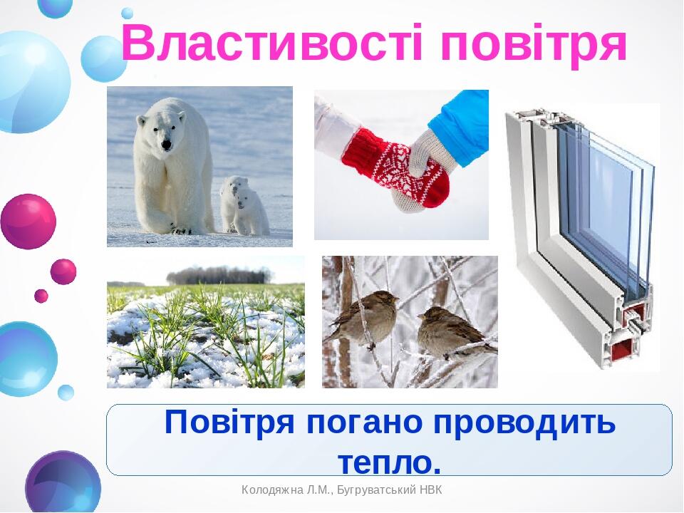 Властивості повітря Повітря погано проводить тепло. Колодяжна Л.М., Бугруватський НВК Колодяжна Л.М., Бугруватський НВК