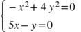 <math xmlns="http://www.w3.org/1998/Math/MathML"><mfenced open="{" close=""><mtable columnalign="left"><mtr><mtd><mo>-</mo><msup><mi>x</mi><mn>2</mn></msup><mo>+</mo><mn>4</mn><mo> </mo><msup><mi>y</mi><mn>2</mn></msup><mo>=</mo><mn>0</mn></mtd></mtr><mtr><mtd><mn>5</mn><mi>x</mi><mo>-</mo><mi>y</mi><mo>=</mo><mn>0</mn></mtd></mtr></mtable></mfenced></math>