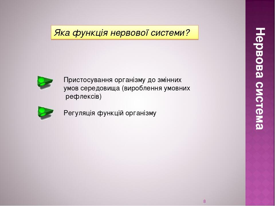 * Яка функція нервової системи? Пристосування організму до змінних умов середовища (вироблення умовних рефлексів) Регуляція функцій організму Нерво...