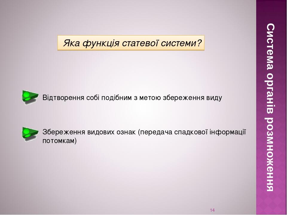 * Яка функція статевої системи? Відтворення собі подібним з метою збереження виду Збереження видових ознак (передача спадкової інформації потомкам)...