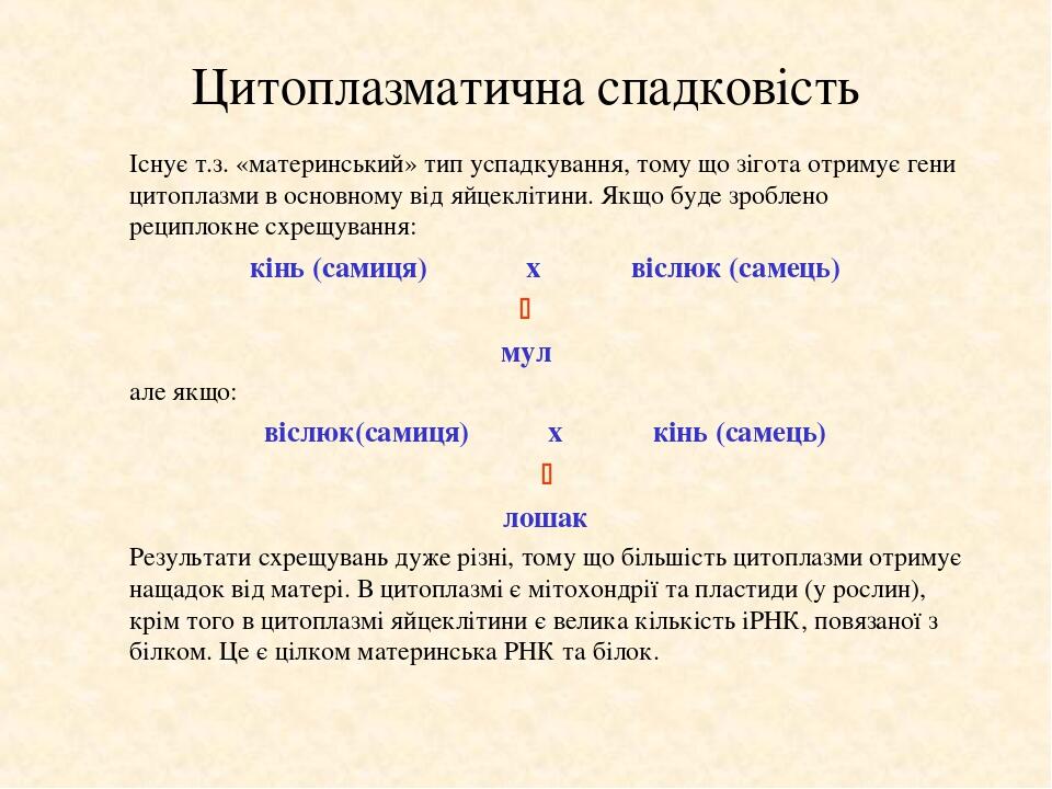 Цитоплазматична спадковість Існує т.з. «материнський» тип успадкування, тому що зігота отримує гени цитоплазми в основному від яйцеклітини. Якщо бу...