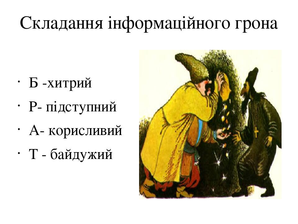Складання інформаційного грона Б -хитрий Р- підступний А- корисливий Т - байдужий