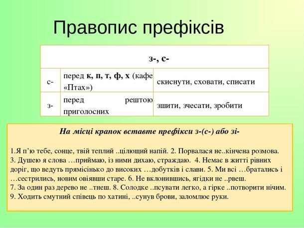 Правопис префіксів На місці крапок вставте префікси з-(с-) або зі- Я п’ю тебе, сонце, твій теплий ..цілющий напій. 2. Порвалася не..кінчена розмова...
